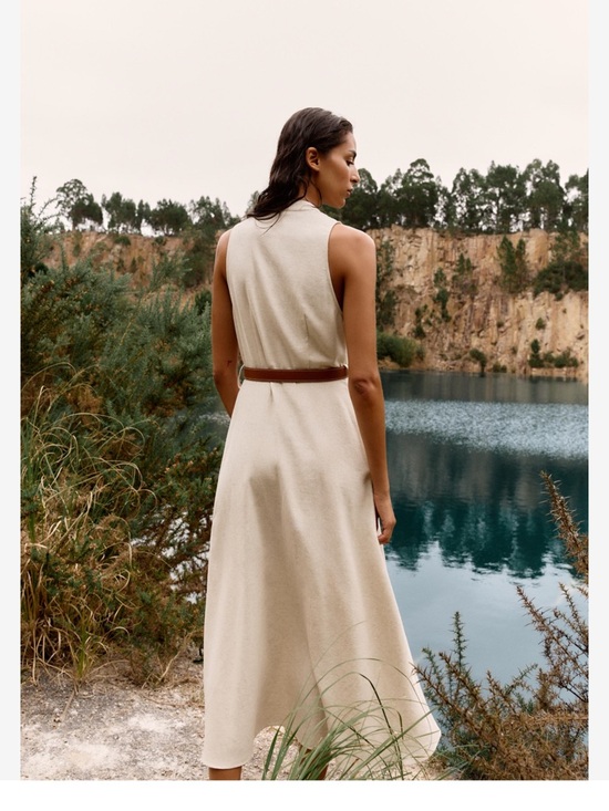 NWT Zara Belted Linen Blend Midi Dress in Tan size L - Picture 5 of 17